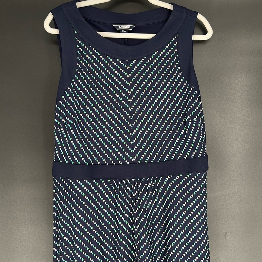 Lands' End Navy Sleeveless Chevron Dot Maxi Dress with Teal and White Dots